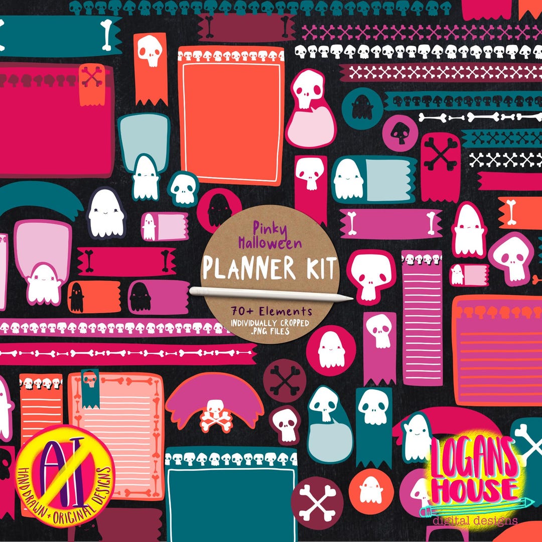 Pink Halloween Digital Planner Kit | Hand Drawn Printable Stickers ...
