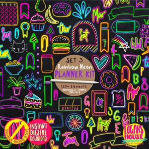 Neon Rainbow Planner Stickers: Hand-Drawn Digital Notebook Set (PNG)