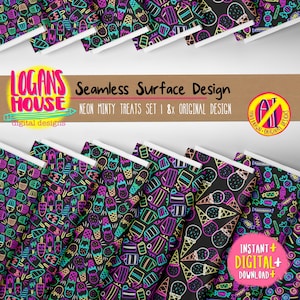 May include: A collection of digital design patterns featuring neon-colored ice cream, popsicles, and candy on a black background. The patterns are labeled "Neon Minty Treats Set" and "Instant Digital Download."