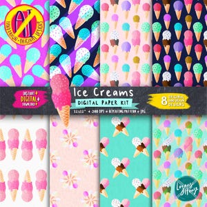 Digital Scrapbooking Paper Kit | Cute Ice Cream Cone Repeating Patterns | Instant Download JPG Printable