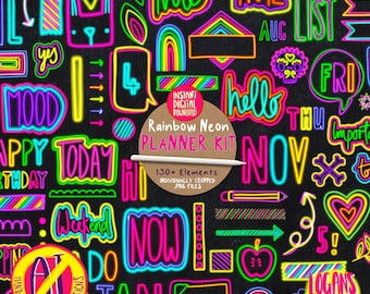 Neon Rainbow Planner Sticker Set | Hand Drawn Printable Stickers | For Digital NoteBooks Goodnotes Notability & Printable