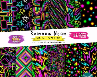 Digital Scrapbooking Paper Kit | Rainbow Neon Repeating Patterns | Instant Download JPG Printable