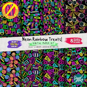 Digital Scrapbooking Paper Kit | Neon Rainbow Treats Repeating Patterns | Instant Download JPG Printable