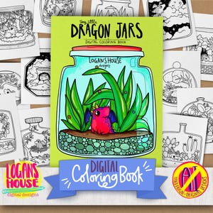 Op de afbeelding: Een digitaal kleurboek getiteld Tiny Little Dragon Jars door Logan's House Designs. De omslag heeft een felgroene achtergrond met een centrale illustratie van een roze draak met paarse vleugels in een glazen pot gevuld met groene planten.