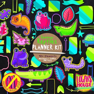 Neon Element Digital Sticker Rainbow Reptiles Set | Hand Drawn Printable Stickers | For Digital NoteBooks Goodnotes Notability & Printable