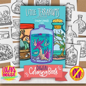 Può includere: Un libro da colorare digitale intitolato Little Terrariums di Logan's House Designs con una copertina azzurra che mostra tre barattoli di vetro illustrati contenenti scene acquatiche e desertiche con una rana, un pipistrello e varie piante.