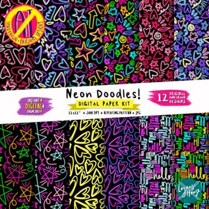 Digital Scrapbooking Paper Kit | Rainbow Neon Sign Repeating Patterns | Instant Download JPG Printable