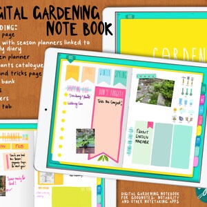 May include: A digital gardening notebook app on a tablet screen. The app has a bright yellow background with a green, blue, and pink color scheme. The app includes a home page, diary, garden planner, plant catalogue, tips and tricks page, seed bank, notes, stickers, and a blank tab. The app is designed for Goodnotes, Notability, and other note-taking apps.