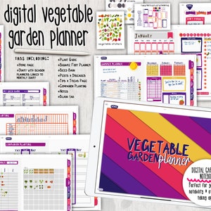 May include: A digital vegetable garden planner with colorful rainbow stripes on the cover. The planner includes tabs for home page, diary, seed bank, plant guide, square foot planner, pests and diseases, tips and tricks, companion planting, notes, and a blank tab. The planner is perfect for digital note-taking apps like Goodnotes and Notability.
