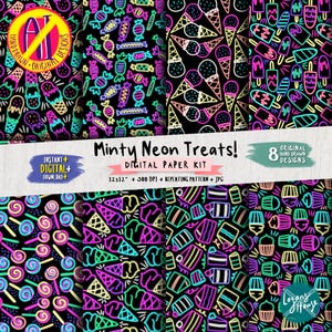 Digital Scrapbooking Paper Kit | Neon Minty Treats Repeating Patterns | Instant Download JPG Printable