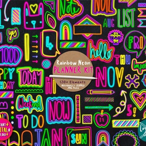 Conjunto de adesivos para planejador de arco-íris neon | Adesivos imprimíveis desenhados à mão | Para cadernos digitais Goodnotes Notability e imprimíveis