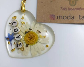 Daisy Flower Handmade Resin Necklace | Love Letters  Gold Colour Pendant | October November Birthday Gift | PERSONALISED Flowers