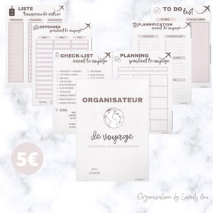 Peut inclure: Un planificateur de voyage imprimable avec un schéma de couleurs rose et blanc. Le planificateur comprend des sections pour les listes de colisage, les listes de choses à faire, les listes de contrôle et un suivi du budget. Le planificateur comprend également une section pour planifier les activités pendant le voyage. Le planificateur est intitulé "Organisateur de voyage" et présente une icône de globe terrestre.