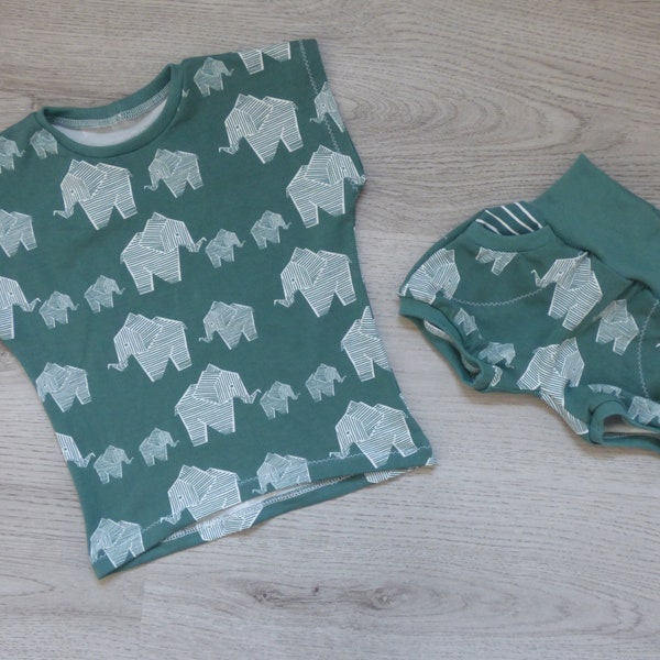 Babyset/Kinderset/Babyshirt/Kindershirt/Oversized-Shirt/Shirt/Grün/Elefant/Pumphose/Babyshorts/Jeans/Shorts/Bio-Stoffe/Biobaumwolle