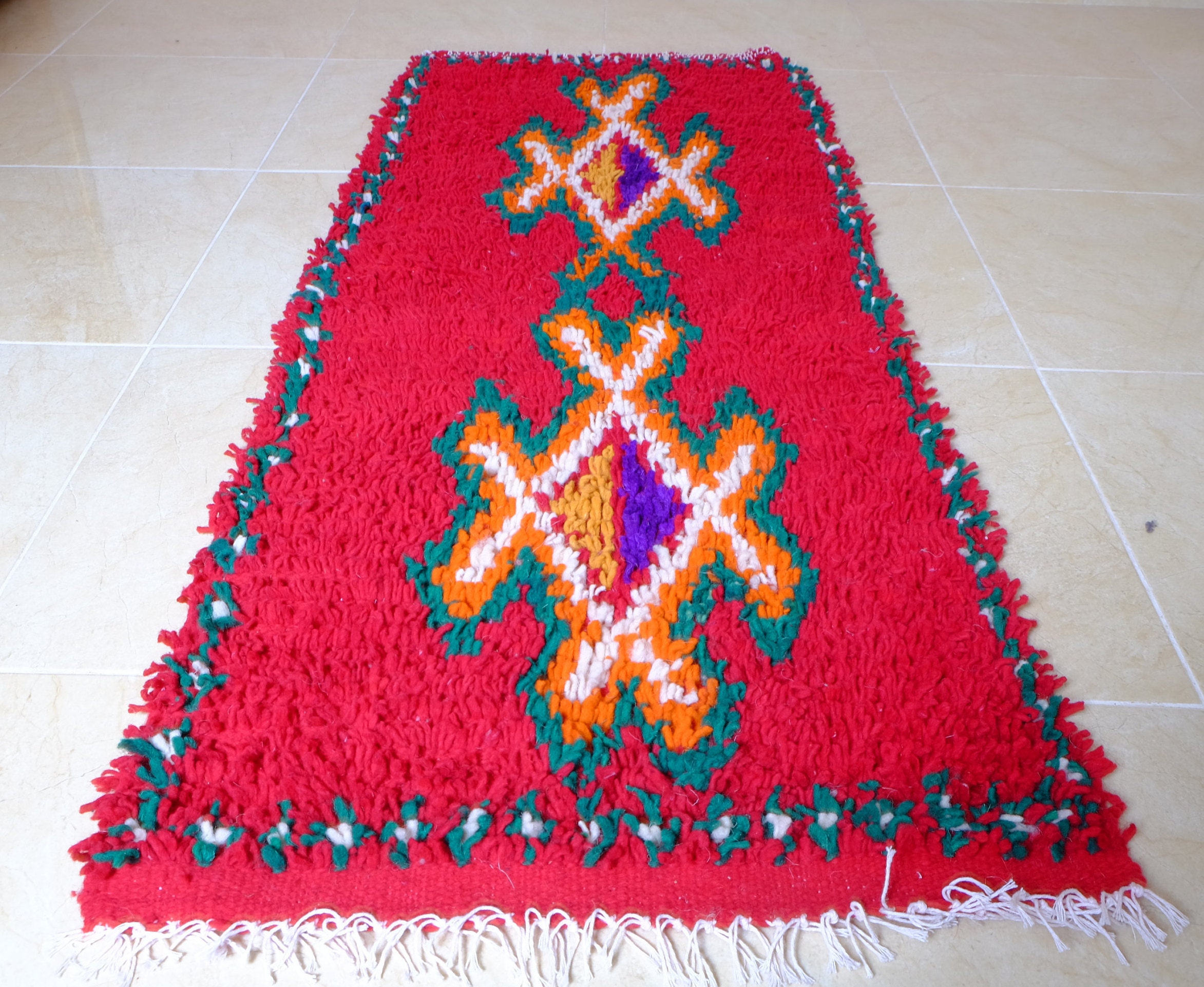 Handmade Red Azilal Small Rug 5.18 Ft X 2.06 Art Deco Rug, Wool Moroccan Rug, Handmade Berber Geomet