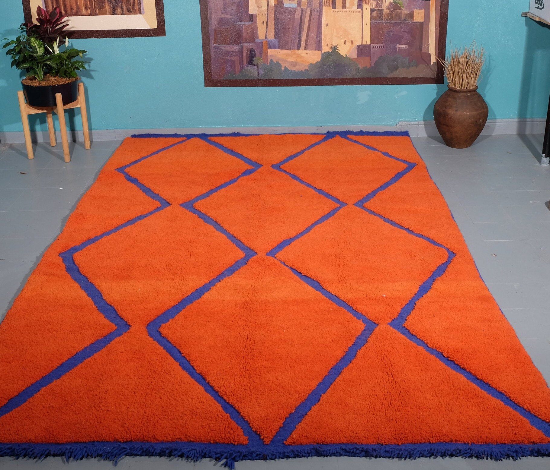 Custom Orange Moroccan Rug - Handmade Rug- Beni Ourain Carpet Genuine Wool Berber Custom Wool Rugs