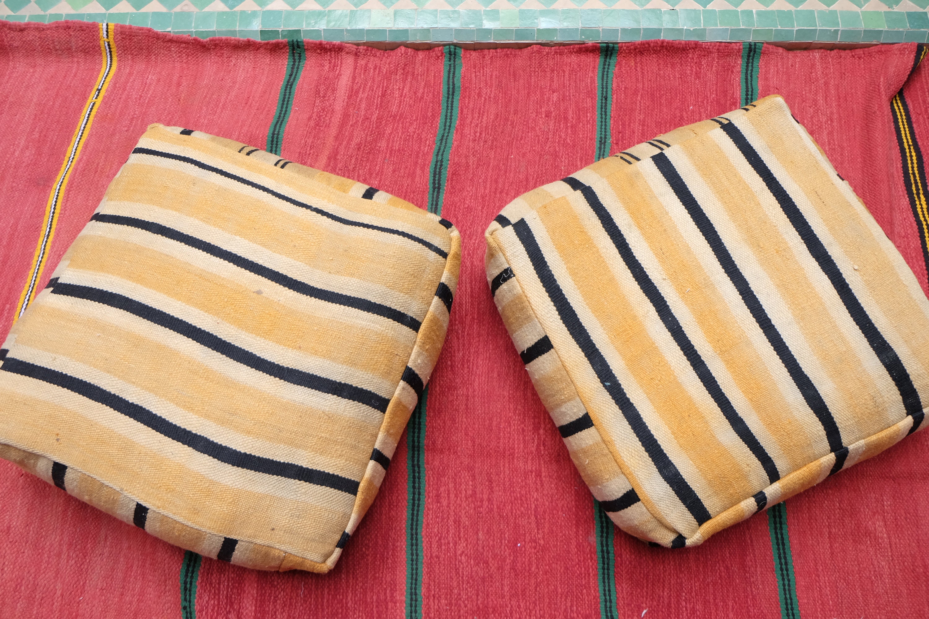 Set Of 2 Vintage Floor Cushion Express Shipping Morrocan Orange Poufs, 24x24x8, Handmade Kilim Pouf,