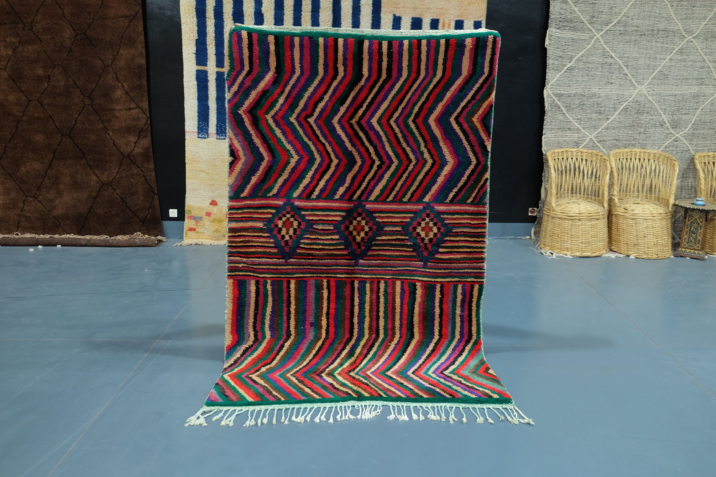Colored Azilal Rug, 7.54 Ft X 4.92 , Art Deco Rug, Wool Stripe Handmade Berber Geometric Rug From Mo