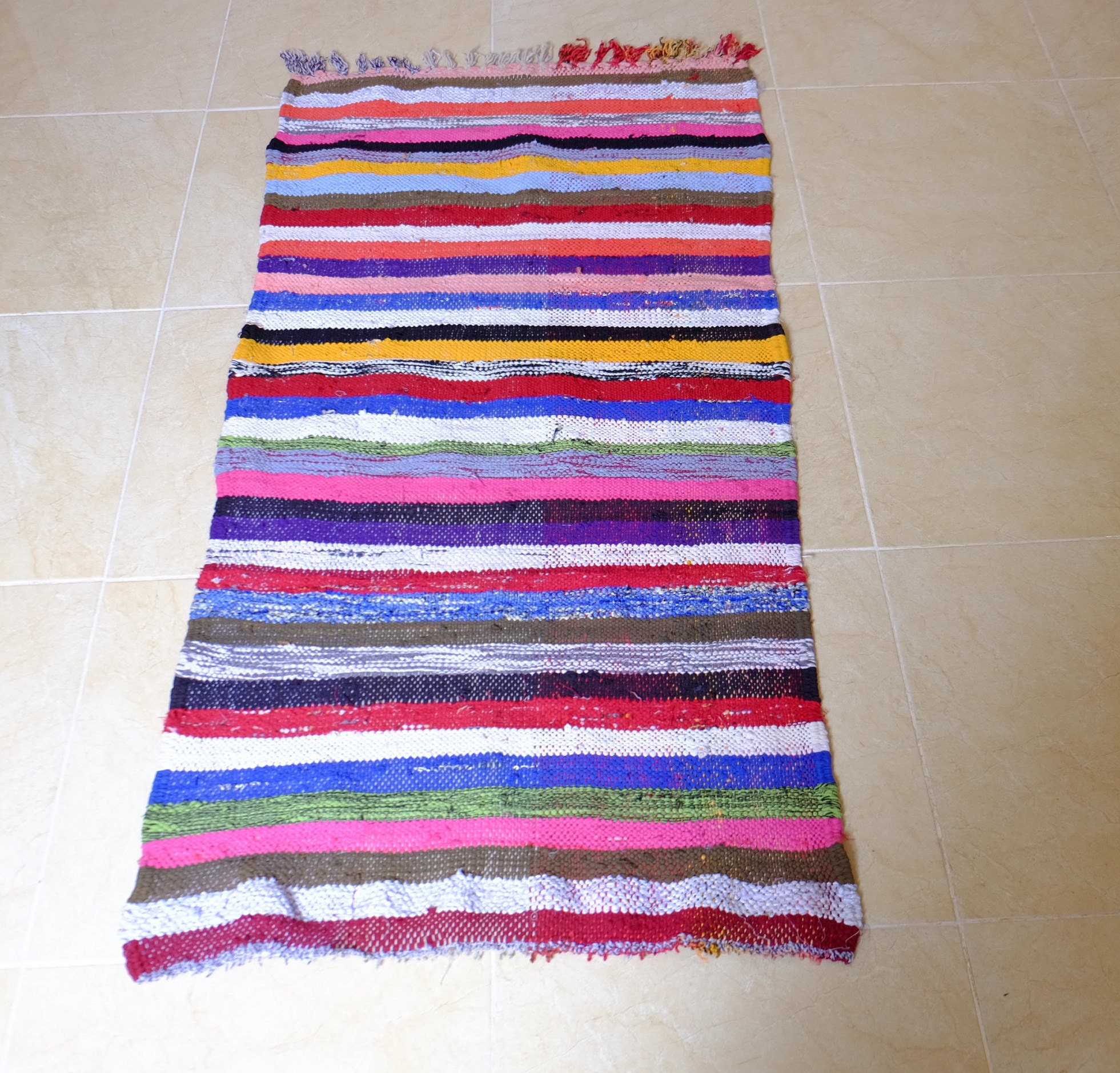 Small Moroccan Boucherouite Rug, 4.69 Ft X 2.39 , Art Deco Wool Rug, Handmade Berber Rug