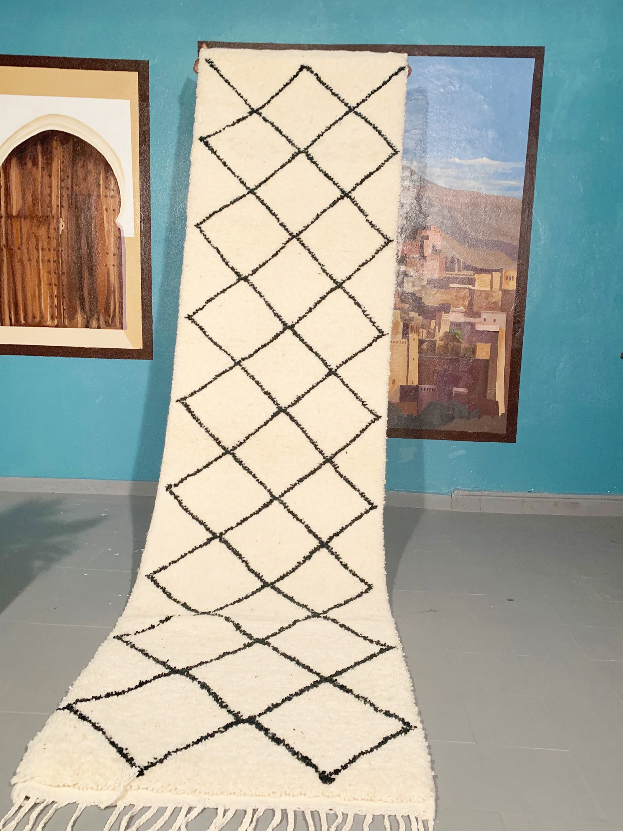 Moroccan Rug Runner, Beni Ourain 9.51 Ft X 2.75 Ft, Wool Moroccan Rug, Handmade Berber Rug, Abstract