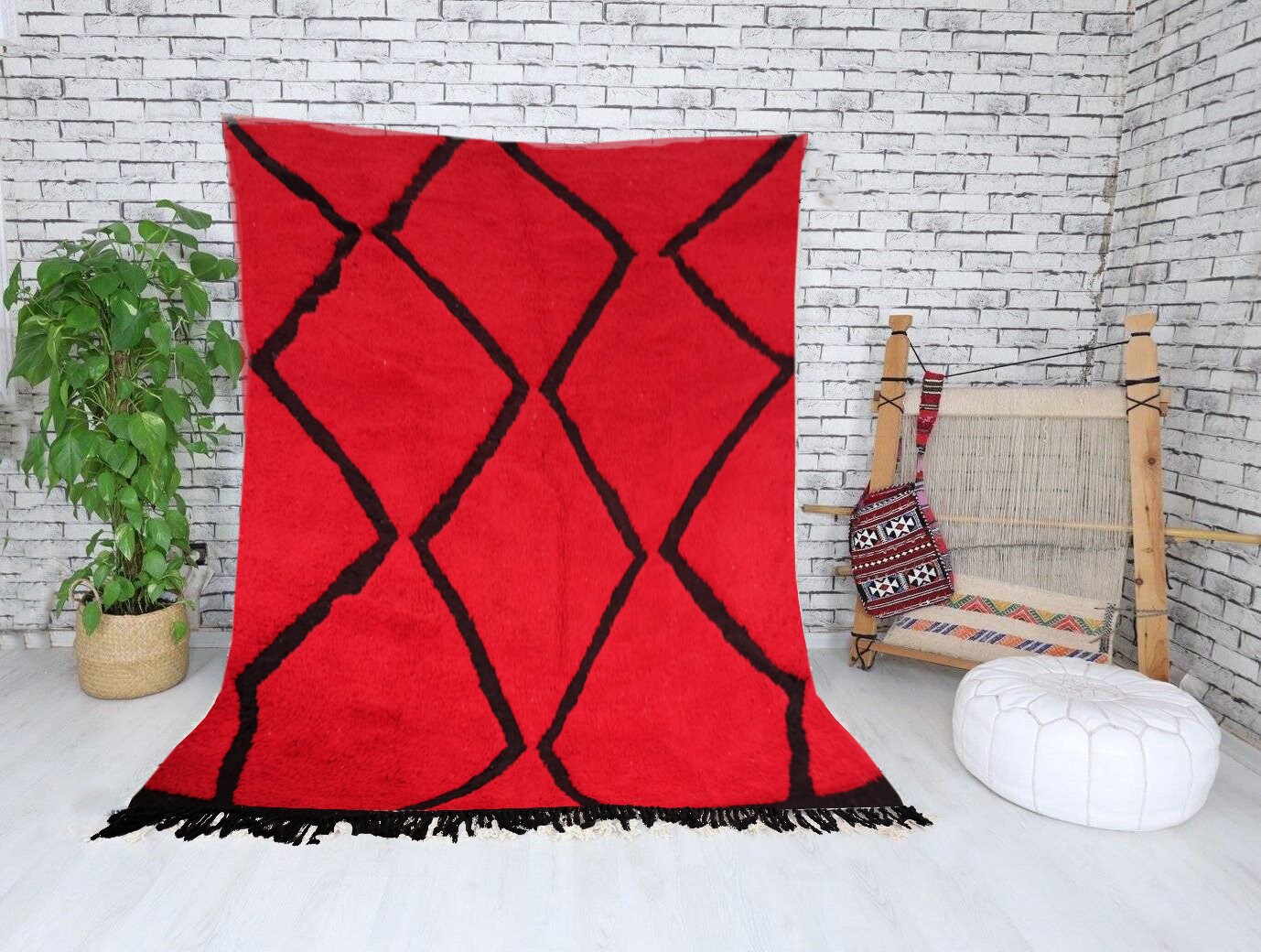 Custom Red Moroccan Rug - Handmade Rug- Beni Ourain Carpet Genuine Wool Berber Custom Wool Rugs