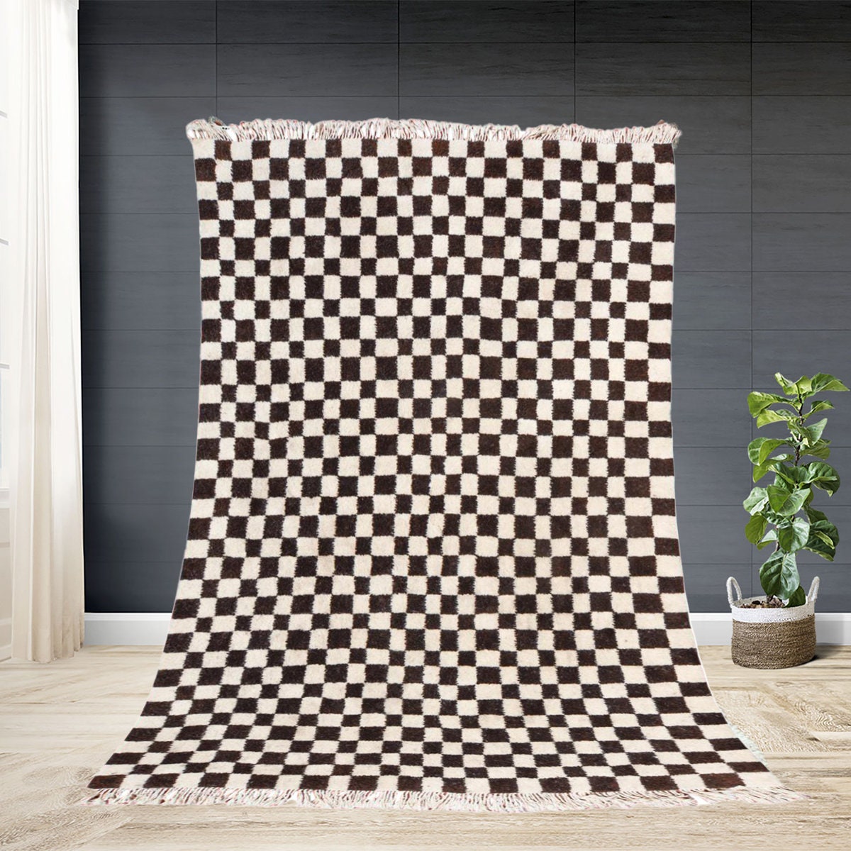 Custom Checker Moroccan Rug - Brown Handmade Moroccan Rug- Beni Ourain Carpet Genuine Wool Berber Cu
