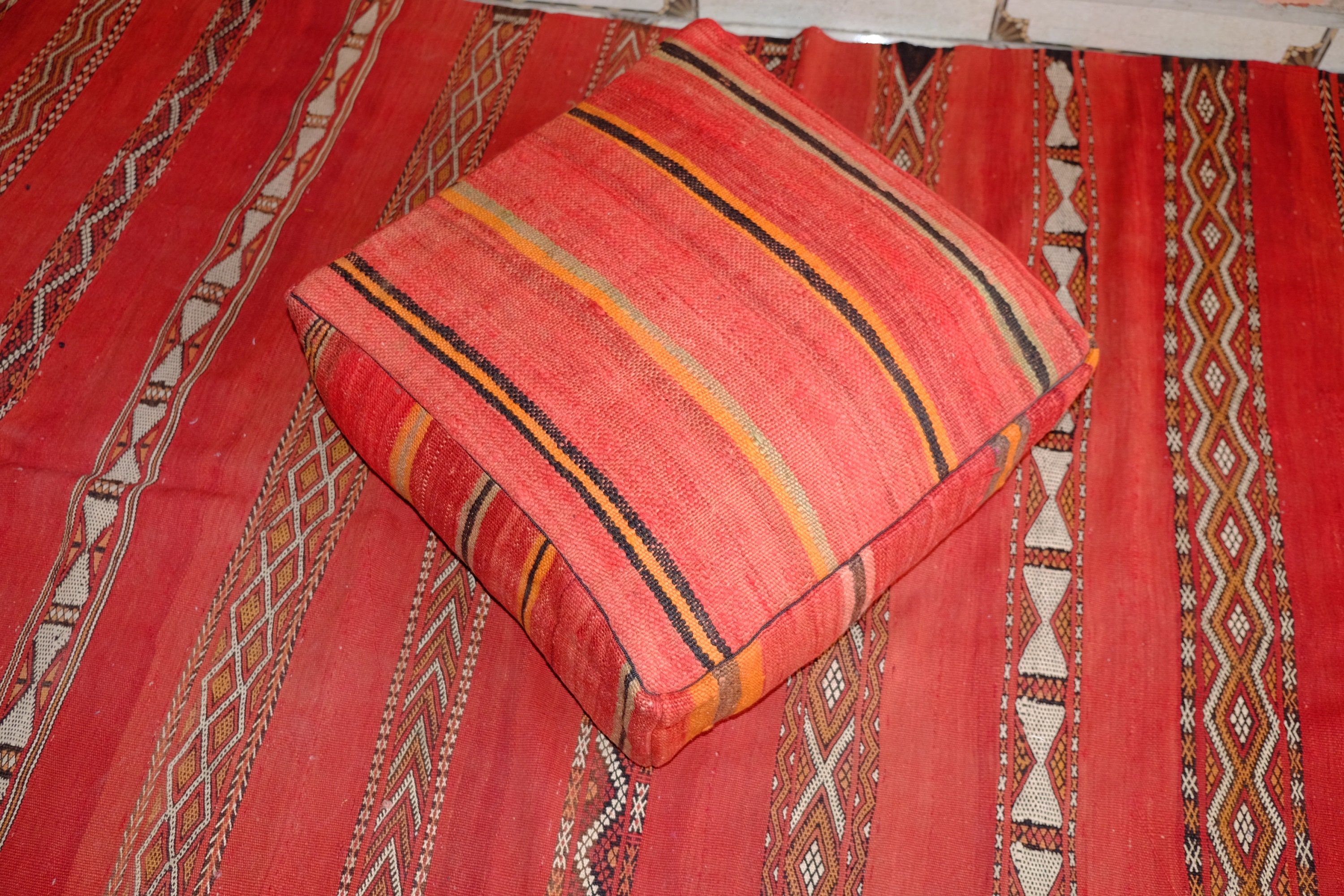 Pillow Vintage Moroccan Pouf , Pillow Pouf, Berber 23 X 8, Red Pouf, Ottoman Pouf