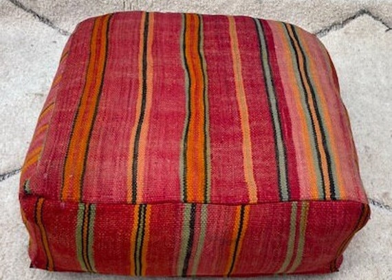 Red Moroccan Cushion, Handmade Vintage Pillow, Square Kilim Cushion , Moroccan Berber Pouf, 24 X 8