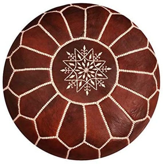 Round Leather Moroccan Pouf, Genuine Ottoman, Pouffe, Natural Tancolor, Handmade Poufs, Pouf Leather