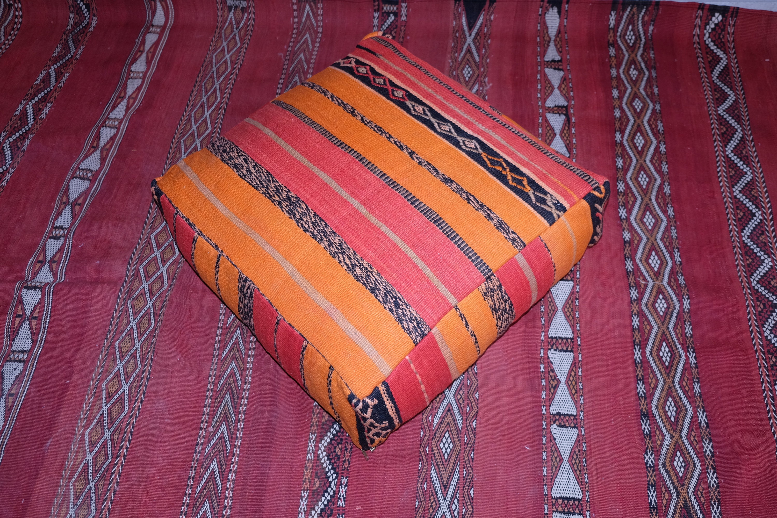Red & Orange Moroccan Pillow - Handmade Square Kilim Pouf 23 X 23- Berber Kelim Pillow- Square Moroc