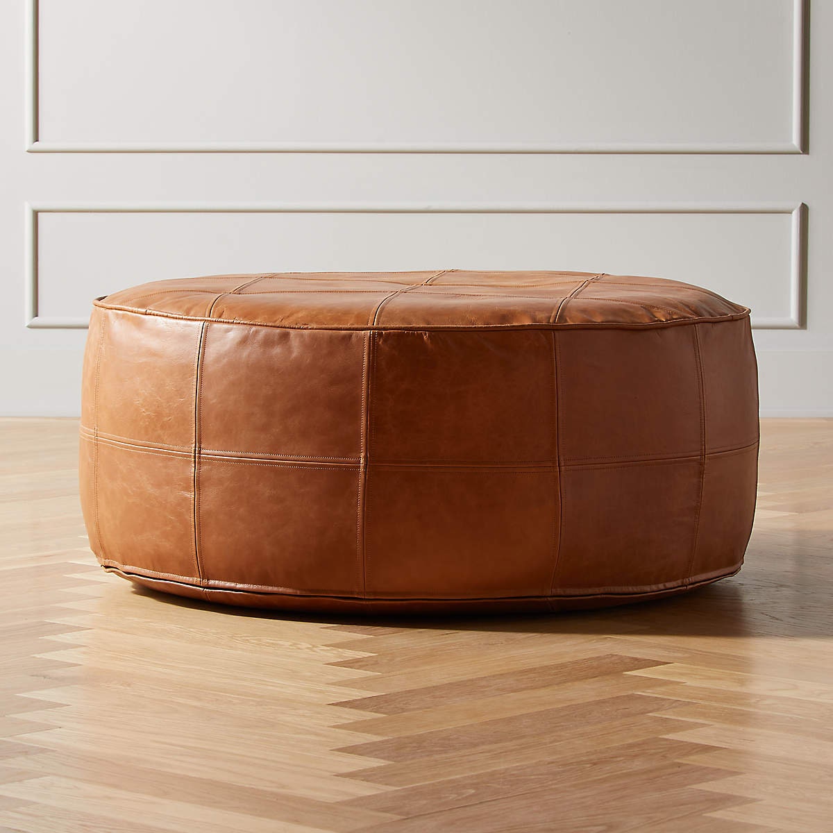 Leather Moroccan Pouf - Genuine Leather Ottoman, Pouffe, Natural Tancolor, Handmade Poufs, Pouf Leat