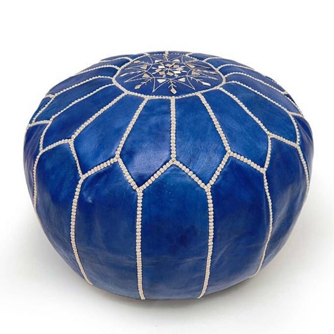 Blue Leather Moroccan Pouf, Genuine Ottoman, Pouffe, Natural Tancolor, Handmade Poufs, Pouf Leather