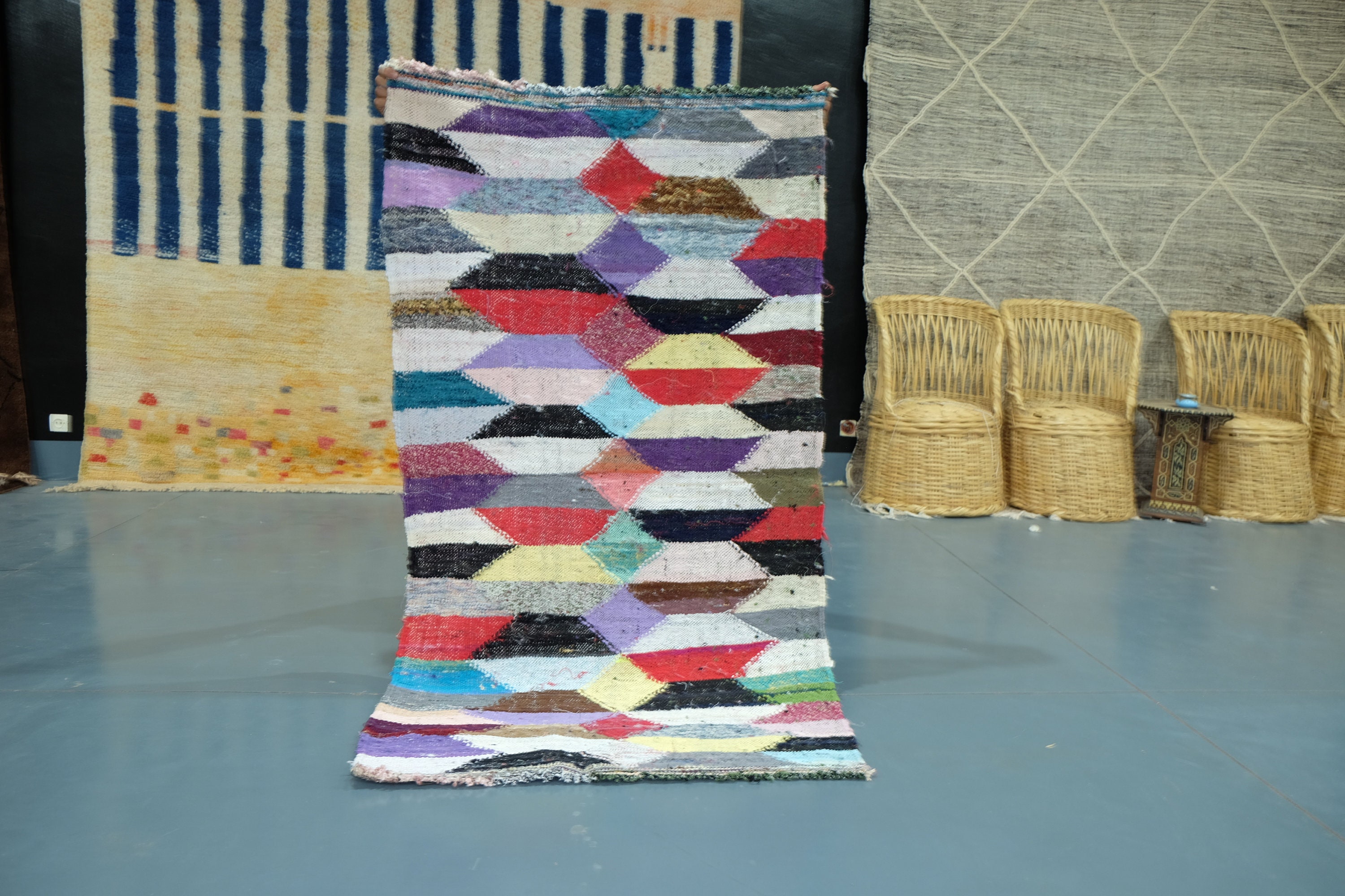 30% Off Handmade Kilim Boucherouite Rug, 5 Ft X 3 , Berber Moroccan Kilim Rug, Morrocan Striped Art 