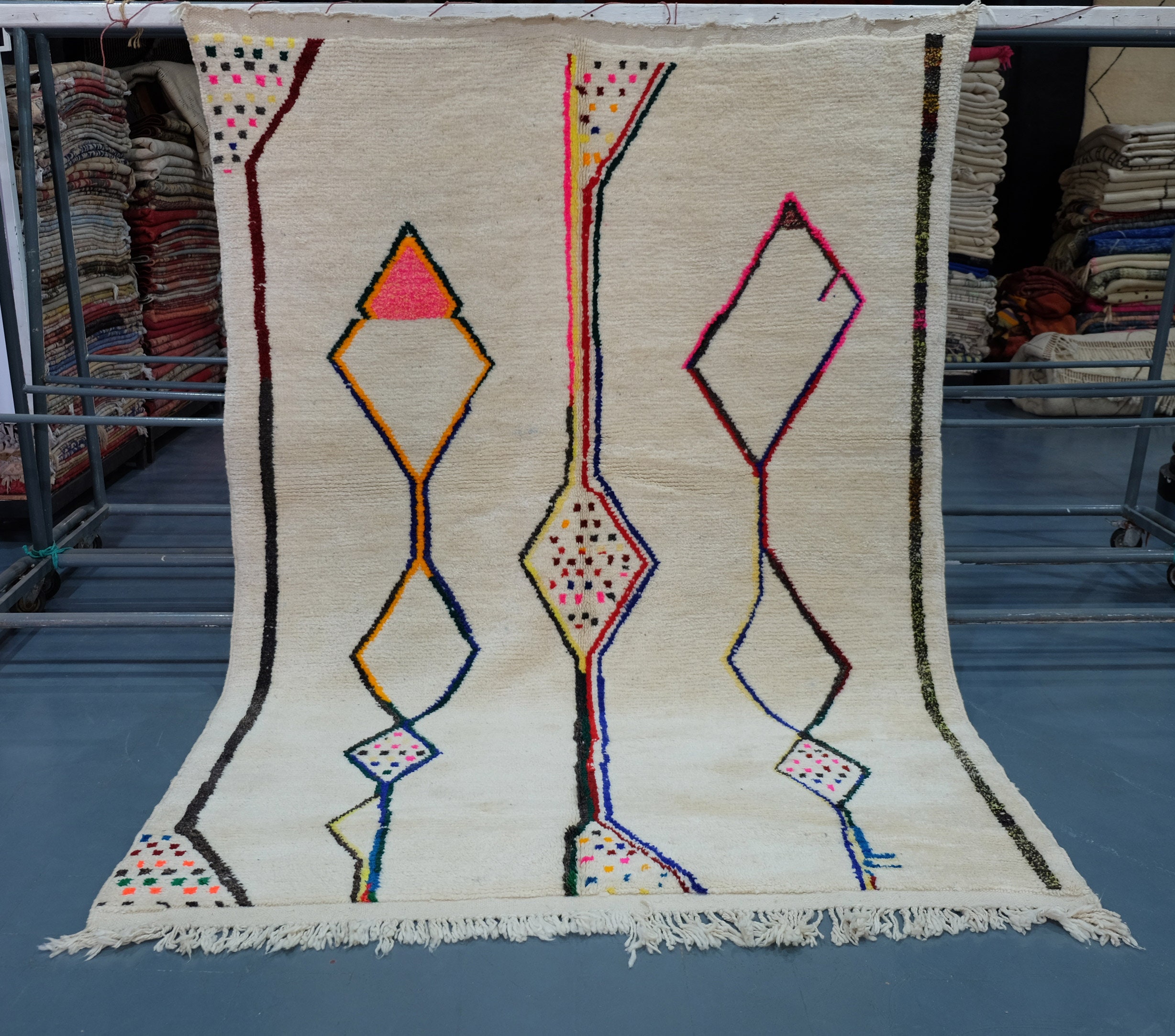 Large Handmade Rug 8.85 Ft X6.65 - Geometric Mrirt Colored Traditional Beni -Art Deco Berber Rug