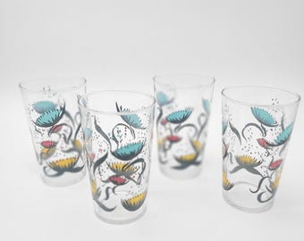 Vintage Federal Glass Dancing Poppy Flower MCM Highball Glass Set Of 4