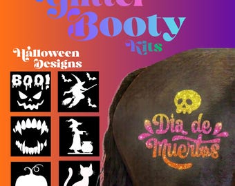 Kit de pochoirs réutilisables sur le thème d'Halloween avec des chevaux pailletés - Accessoires de toilettage amusants et marquages pour poneys - Rodéo, gymkhana, concours hippiques