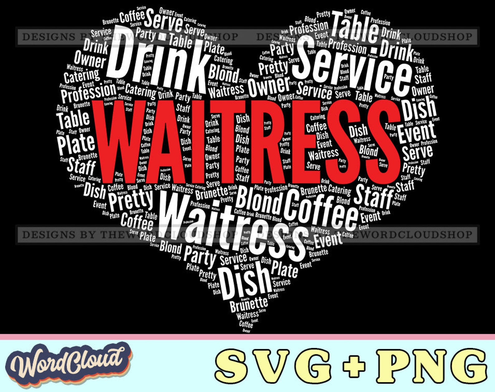 Word Cloud Heart Waitress Waiter Restaurant Employee Etsy