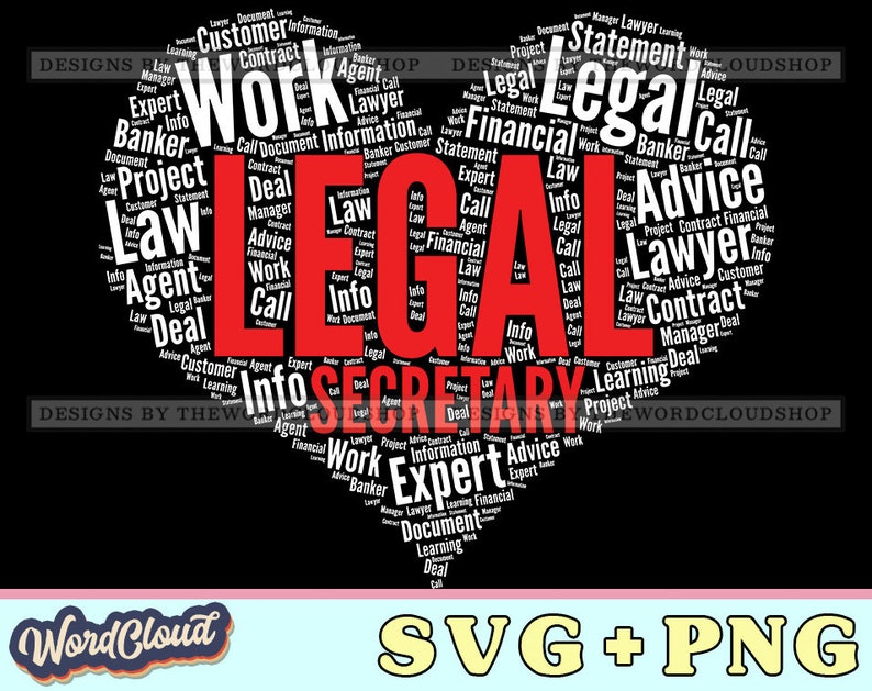 Word Cloud Heart, Legal Secretary, Legal Assistant Gift, Paralegal Gift, Gift For Secretary, Word Cloud Svg, Word Art Svg, Digital Download image 1