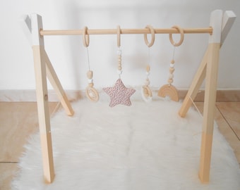 Arche d'éveil en bois couleur pastel abricot /blanc ,baby gym/portique Et/Ou lot de 4 suspensions