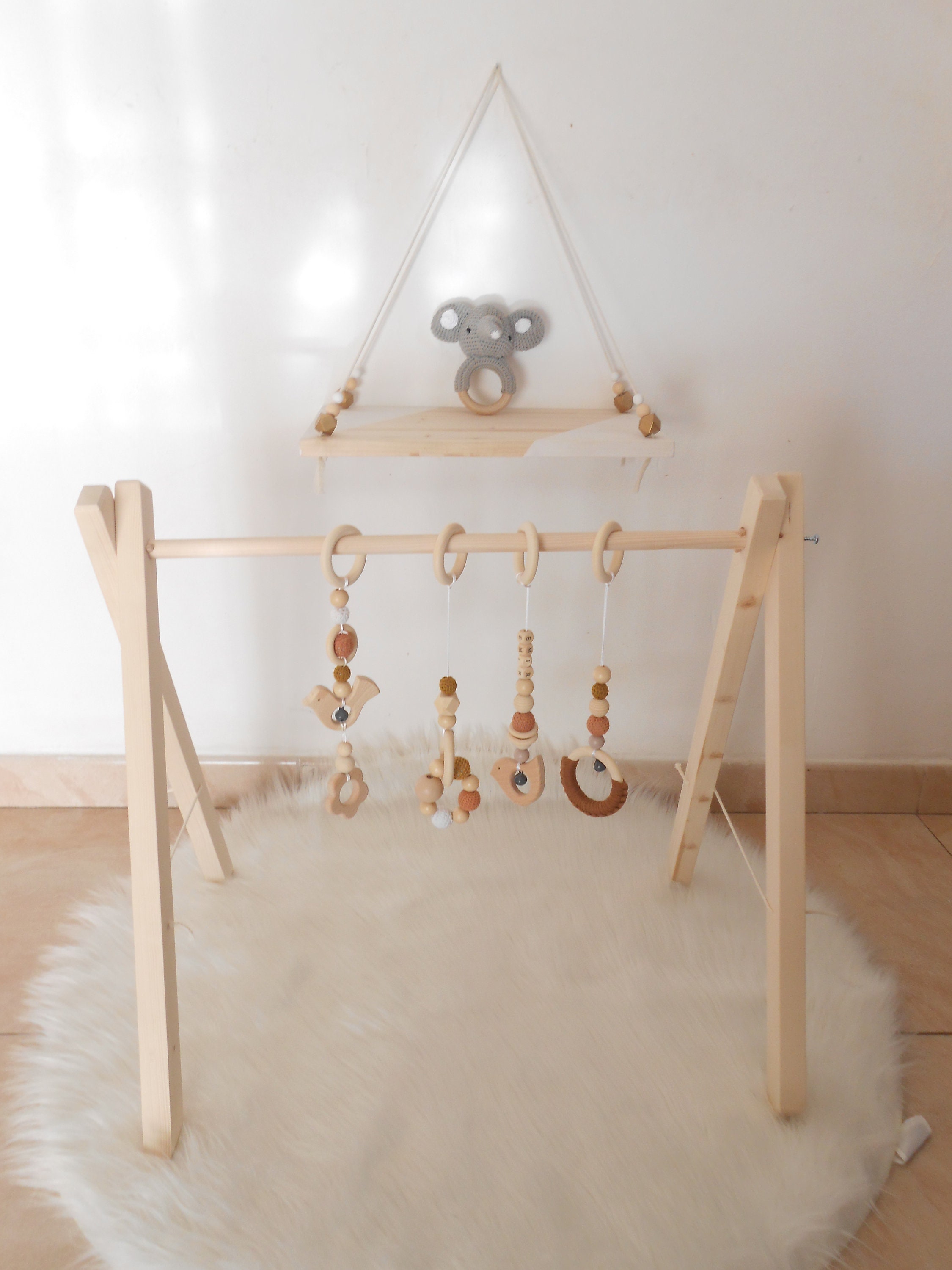 Portique D'éveil En Bois Pour Bébé 0-12 Mois - Pliable - Avec 3 Jouets Suspendus - Dimensions 45x37,5x47,5 Cm - 10