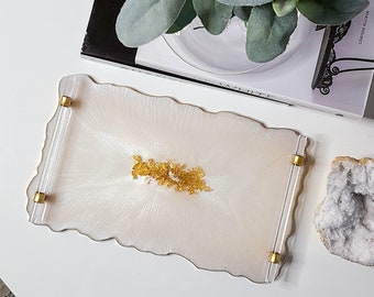Elegant Resin Decorative Tray with Clear Gold Handles, Perfume Tray, Resin Tray Only
