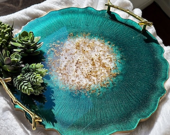 Handmade Geode Resin Tray: Elegant Decorative Tray, Gold Leaf Accents