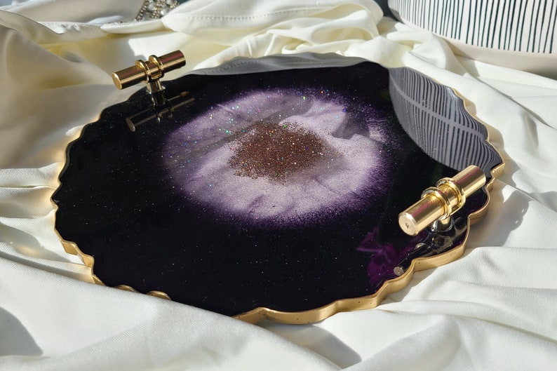 Small Elegant Decorative Resin Tray with Gold Clear Handles, Perfume Tray, Geode Resin Tray Pearl Black