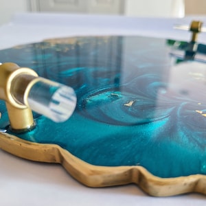 Elegant Marble Style Tray, Perfume Round Geode Resin Tray with Clear Handles
