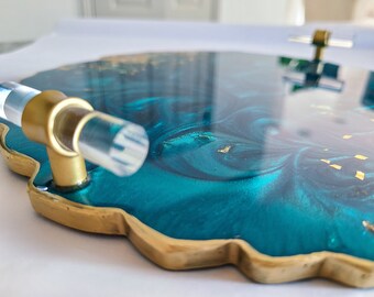 Elegant Marble Style Tray, Perfume Round Geode Resin Tray with Clear Handles