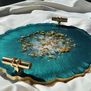 Small Elegant Decorative Resin Tray with Gold Clear Handles, Perfume Tray, Geode Resin Tray Emerald Green