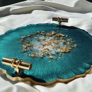 Small Elegant Decorative Resin Tray with Gold Clear Handles, Perfume Tray, Geode Resin Tray