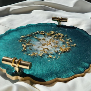 Small Elegant Decorative Resin Tray with Gold Clear Handles, Perfume Tray, Geode Resin Tray Emerald Green