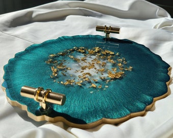 Small Elegant Decorative Resin Tray with Gold Clear Handles, Perfume Tray, Geode Resin Tray