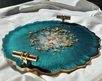 Handmade Geode Resin Tray: Decorative Gold Handle Tray
